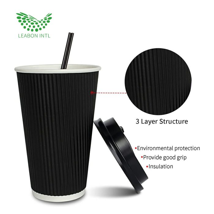 Custom insulated black paper coffee cups with lid - Image 2