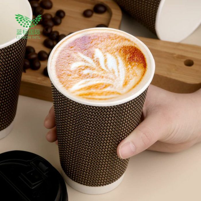 Biodegradable ripple wall paper coffee cups with lid - Image 4